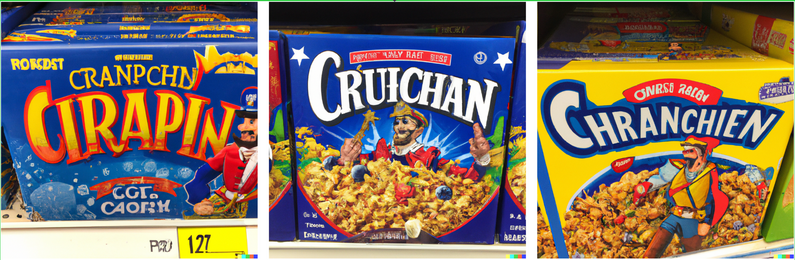 Three strangely squat cereal boxes with bearded captains. Text reads Cirapin, Cruichan, Chranchien