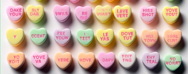 Generated candy heart images. Messages include "le yas", "dove tut", and "hove".