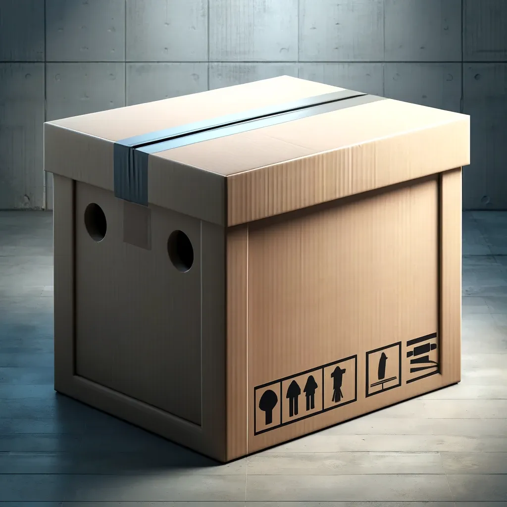 A generated image of a cardboard(ish) box with two large air holes on its side. It appears to be about knee height, and its top is taped shut with weirdly stretchy duct tape. Along the bottom edge are a set of six boxed symbols, none of which are identifiable.