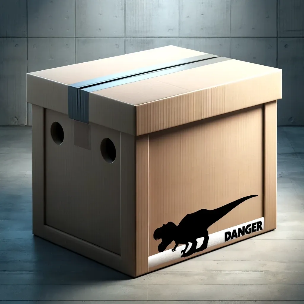 The dinosaur is facing the other direction, but the word "Danger" is still behind it. Both dinosaur and words are in all black now, though there's a weird white background behind the dinosaur's feet. The dinosaur looks approximately like a tyrannosaurus, except its lower jaw is huge, toothless, and clublike.