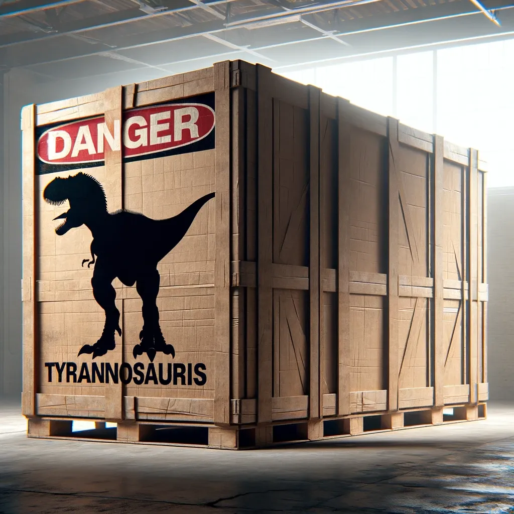 The crate is much taller, but also much different in construction and materials and the room has changed slightly too. On one side of the box is the word Danger in white font surrounded by classic red circle and black rectangle. At the bottom of the box is the word "Tyrannosauris" (misspelled). Between the top and bottom labels is a tyrannosaurus silhouette with much, much better detail and realism than any of the silhouettes from the last several images. 