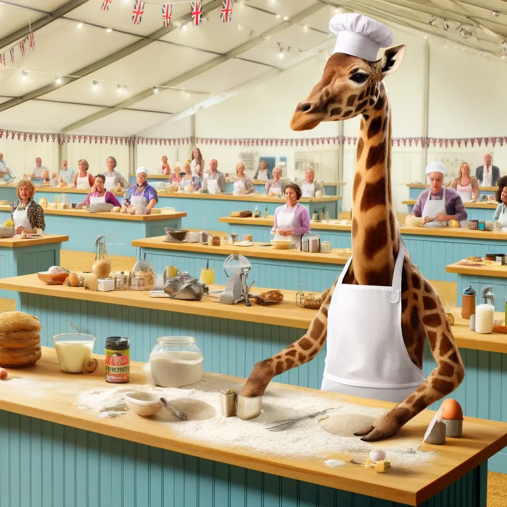 the tent is huge and the bakers are really crowded in toward the back - also they're all white - but the giraffe is wearing an apron and a chef's hat and doing something indistinct with flour and circles of dough.