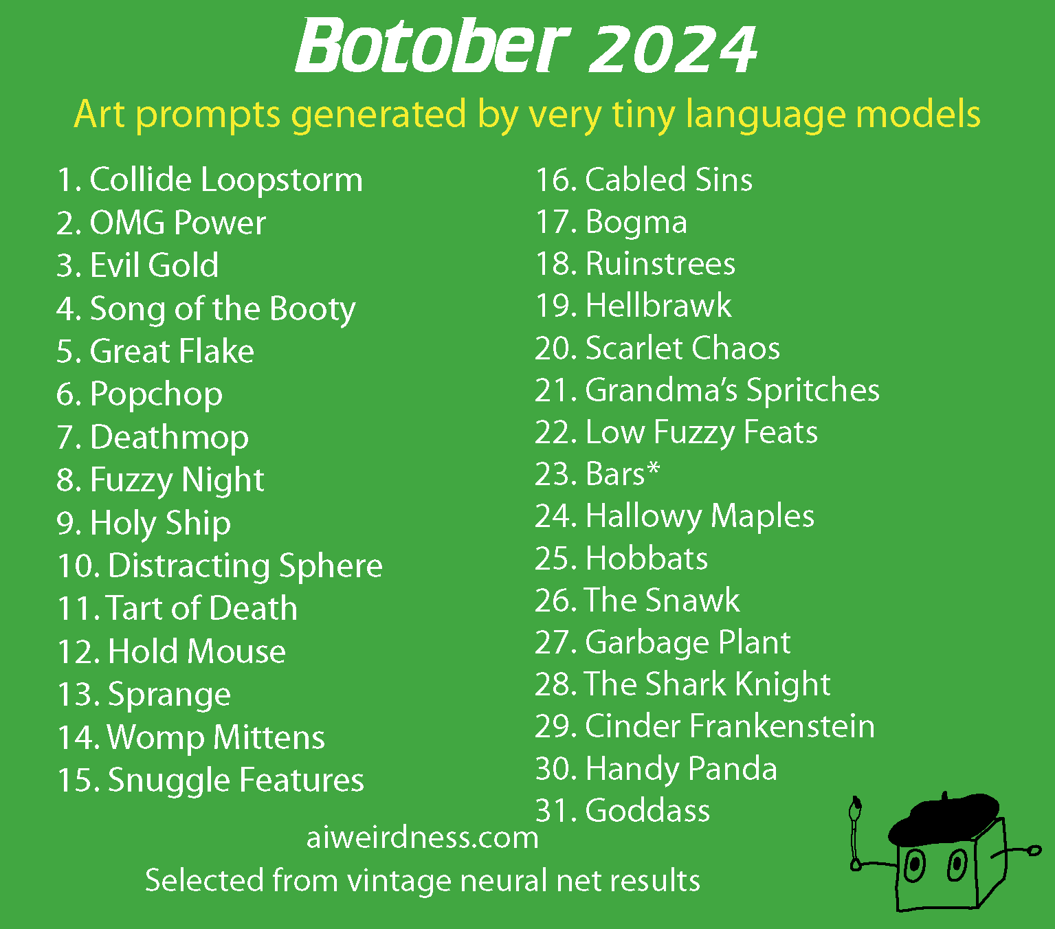 Botober 2024, art prompts generated by very tiny language models 	1.	Collide Loopstorm 	2.	OMG Power 	3.	Evil Gold 	4.	Song of the Booty 	5.	Great Flake 	6.	Popchop 	7.	Deathmop 	8.	Fuzzy Night 	9.	Holy ship 	10.	Distracting Sphere 	11.	Tart of Death 	12.	Hold Mouse 	13.	Sprange 	14.	Womp mittens 	15.	Snuggle features 	16.	Cabled sins 	17.	Bogma 	18.	Ruinstrees 	19.	Hellbrawk 	20.	Scarlet Chaos 	21.	Grandma’s Spritches 	22.	Low Fuzzy Feats 	23.	Bars* 	24.	Hallowy Maples 	25.	Hobbats 	26.	The Snawk 	27.	Garbage Plant 	28.	The Shark Knight 	29.	Cinder Frankenstein 	30.	Handy Panda 	31.	Goddass