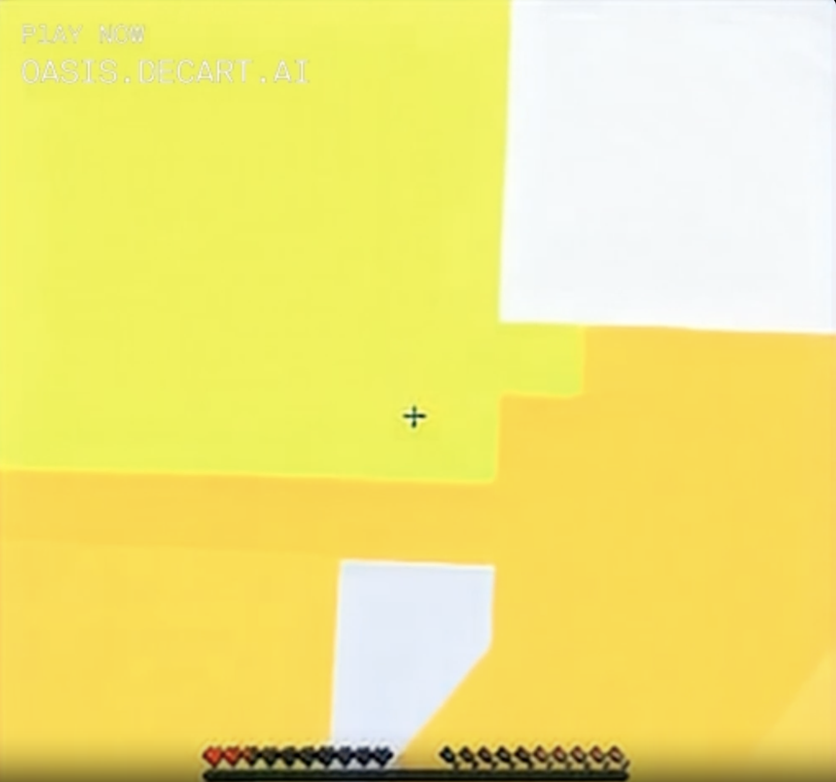 The landscape consists of uniform blocky orange and yellow and white areas, with no clues as to depth. The big white rectangles look like MInecraft suns, but then why are they embedded in yellow?