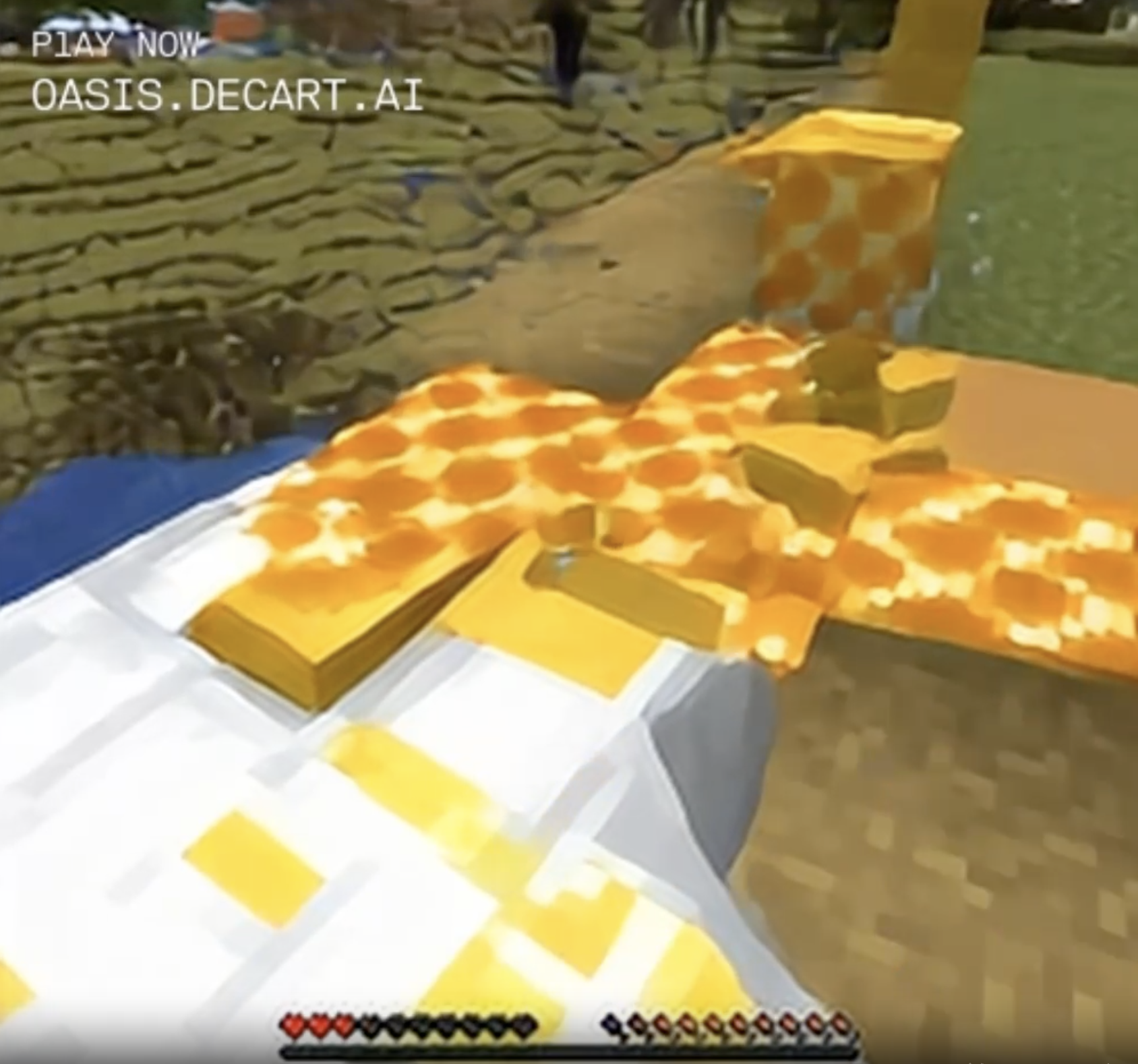 Sitting in the dirt are irregular blocks of yellow-white dotted with orange circles. It does look a bit like swiss cheese, but it's probably an imitation of the glowing blocks from the hellish Nether zone. There are some yellow-splotched white blocks in the foreground that I don't recognize at all. 