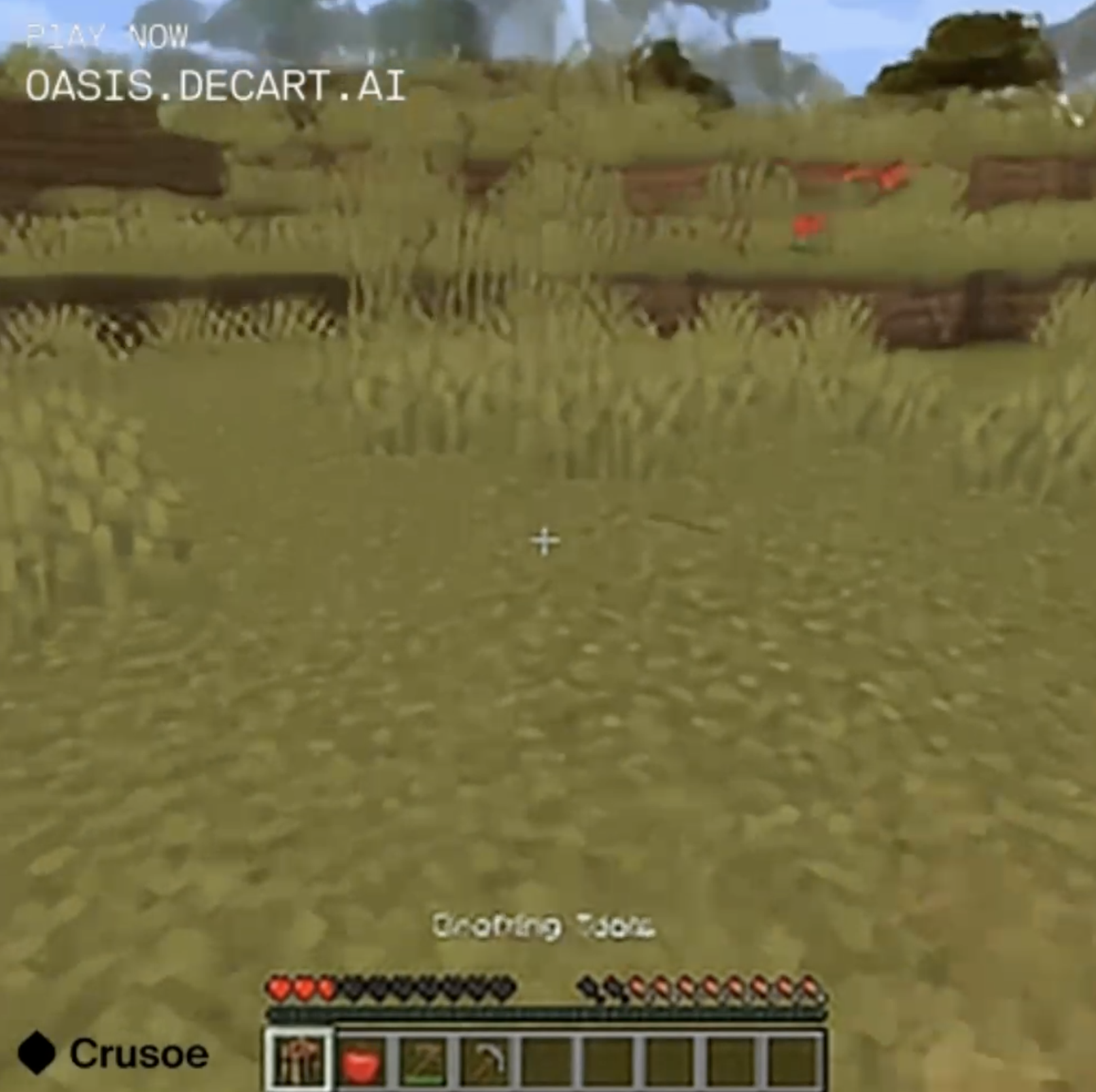 A tranquil-looking area of faintly green grass and a couple of red flowers on a gentle slope farther out. The player's inventory appears to contain a crafting table, an apple, and two pickaxes. The crafting table is selected. Above the inventory is some illegible text that only from context I am guessing might say "crafting table".