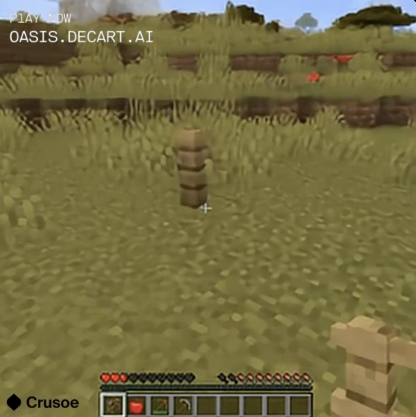 A single fencepost stands vertically in the center of the flat grassy area. The player appears to be carrying a section of fence, although the inventory item actually selected is an indistinct brown jumble.