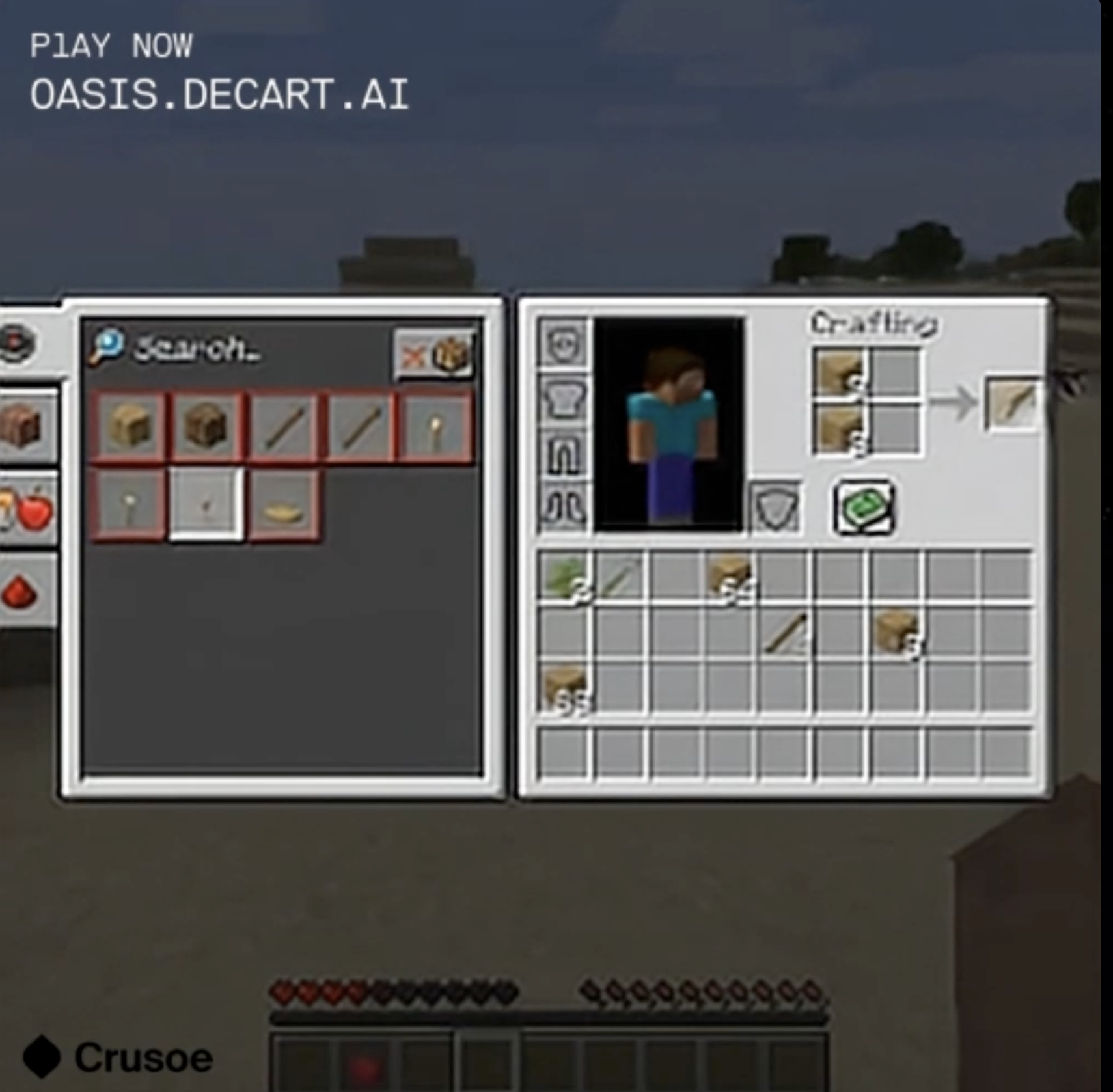 This screen looks a lot like the inventory screen, except the player has mostly dirt blocks (realistic for minecraft actually) and a few sticks. They have two of something that looks like green sheets of nori or something. There's a crafting section of the screen where normally a player can turn simple things like tree trunks into more advanced materials like wooden planks and boards. Here they appear to be turning 12 blocks of dirt into a slightly bent stick.