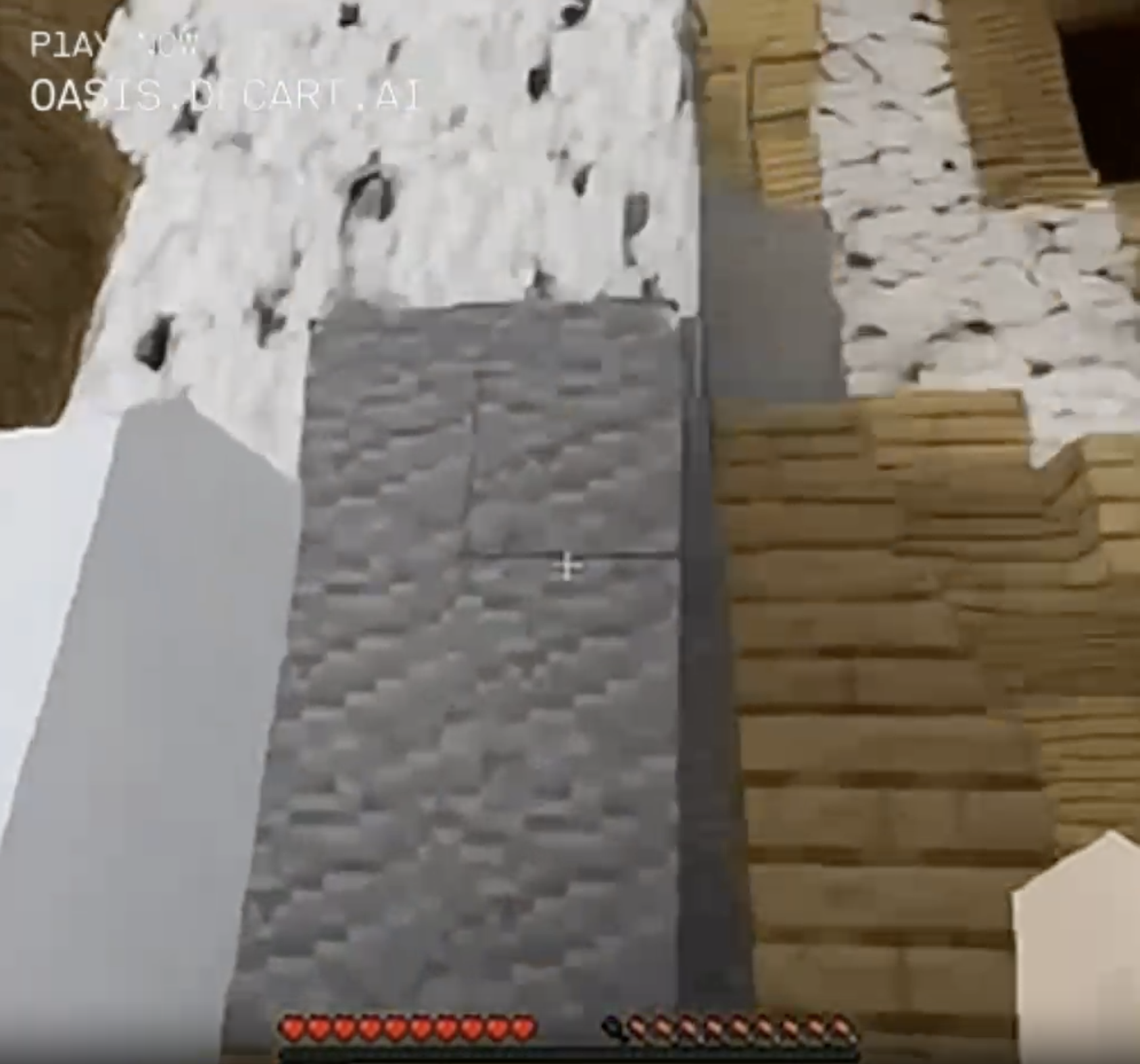 In this screenshot, the player is standing close to the cave wall, which is made of wood, stone, something white like wool or marble, and large stretches of what appear to be birch bark. This close, the blocks are pretty close to square, but the birch bark's shape is pretty hard to make out.