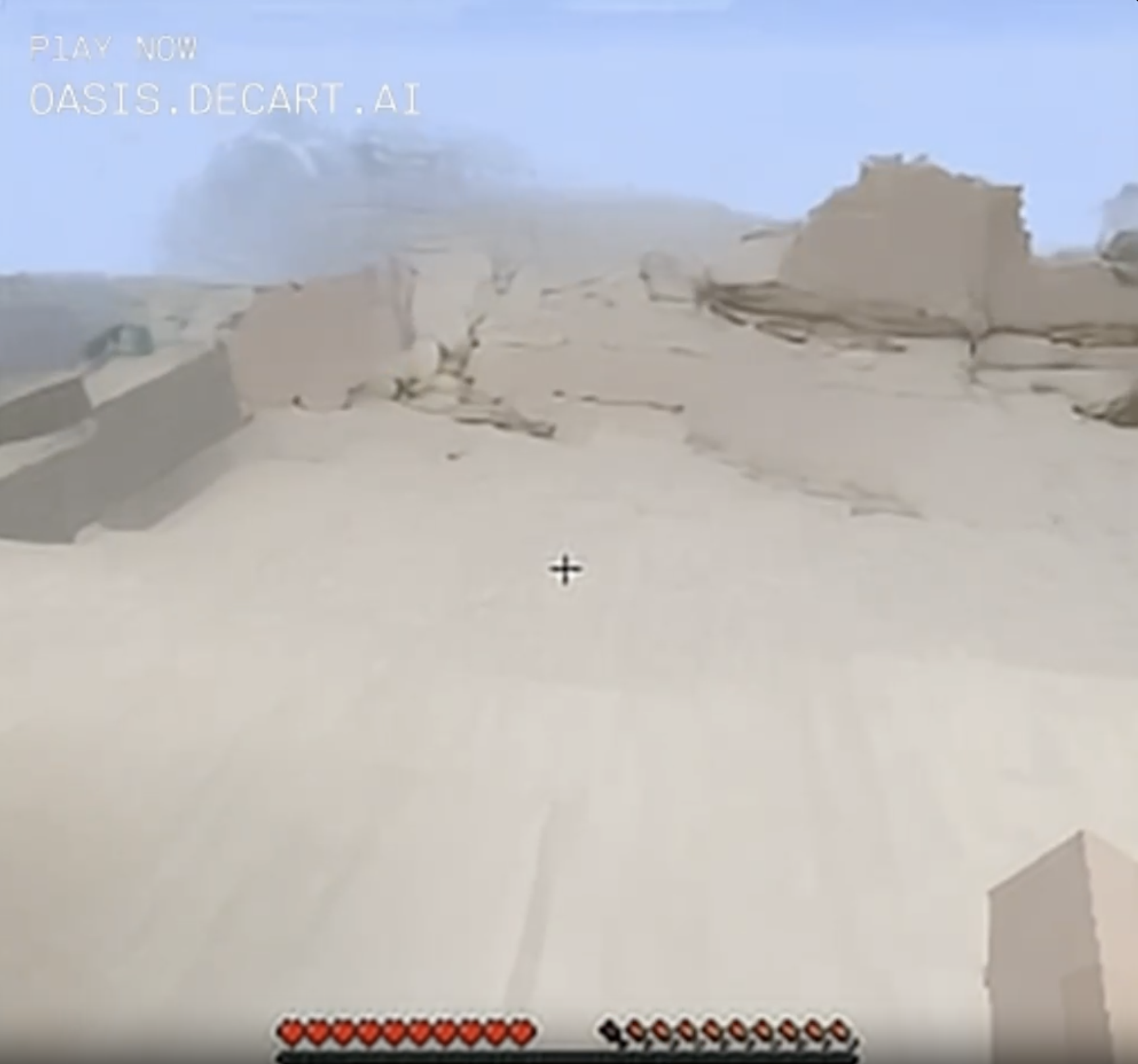 The player is now standing on a flat plane covered in sand. In the misty distance are mountains. It would be hard to figure out the topography of the scene since it's all muddled and smudged, but it's definitely trying to be a desert with distant dunes.