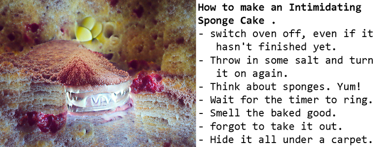 How to make an Intimidating Sponge Cake. Last step is "Hide it all under a carpet." (full version in post)