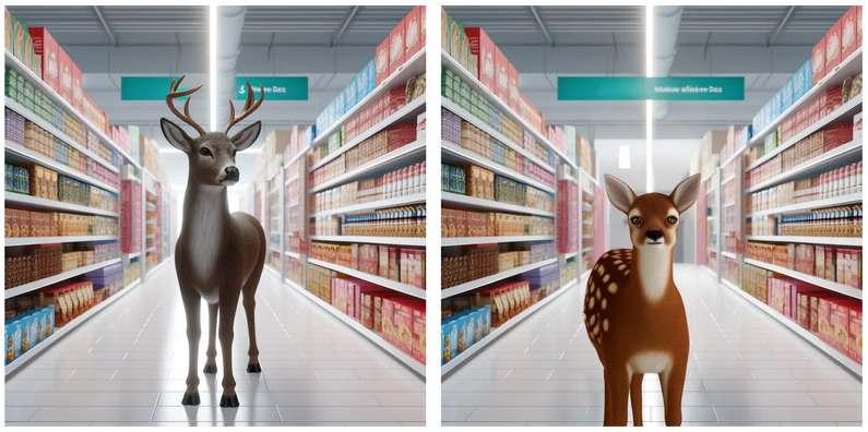 The original image is of a buck deer in a grocery store. The revised image has a weird flat fawn.